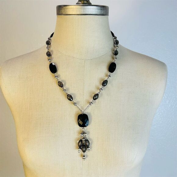 Black & Silver Beaded Necklace with Pendant - Picture 1 of 2